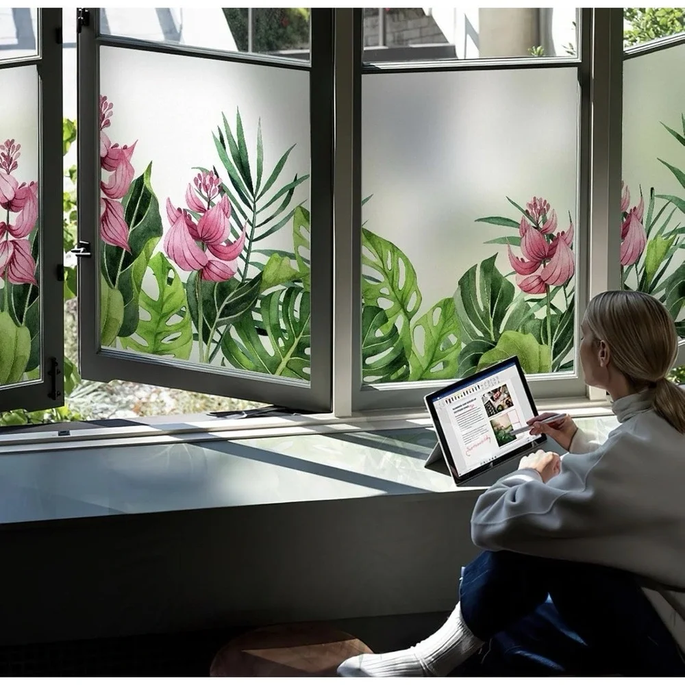 DKTIE Tropical Flowers Static‎ Cling Window Film Non-Adhesive, Frosted, Privacy